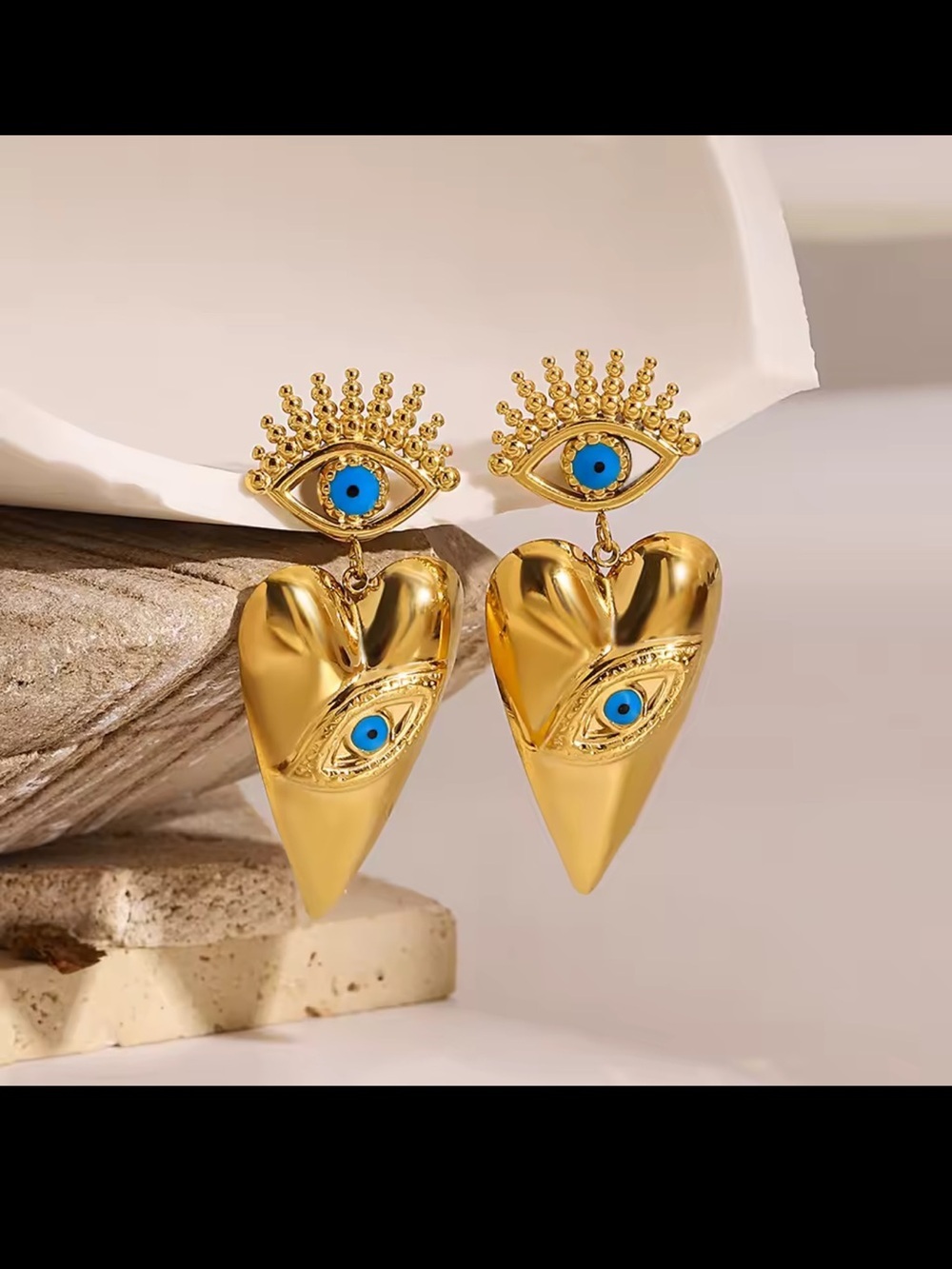 Gold Heart Drop Earrings with Blue Eye Motif